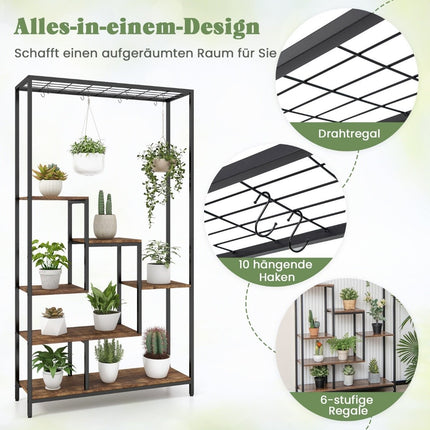 Plant stand 6 tiers 180 cm plant shelf metal with 10 S-hooks black + rustic brown