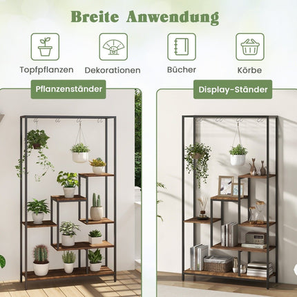 Plant stand 6 tiers 180 cm plant shelf metal with 10 S-hooks black + rustic brown