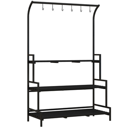 Black Steel Plant Stand - 3 Tiers, 6 Hooks, 110x50x170cm
