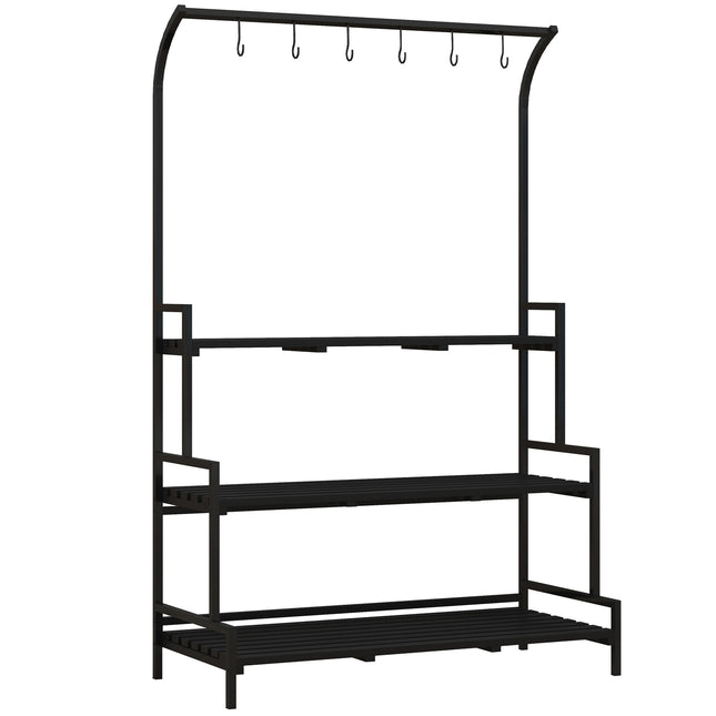 Black Steel Plant Stand - 3 Tiers, 6 Hooks, 110x50x170cm
