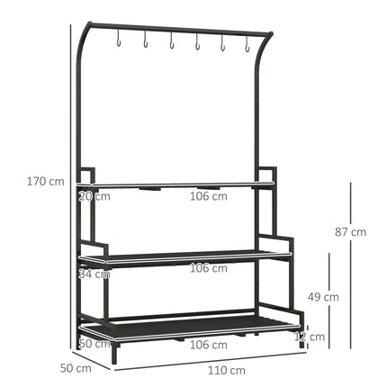Black Steel Plant Stand - 3 Tiers, 6 Hooks, 110x50x170cm