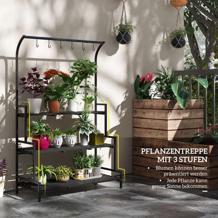 Black Steel Plant Stand - 3 Tiers, 6 Hooks, 110x50x170cm