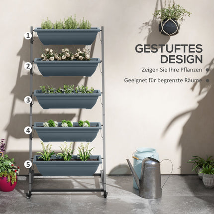 Steel rack with wheels - 5 tiers, gray finish