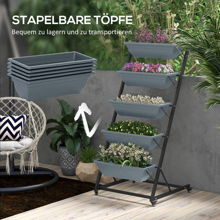 Steel rack with wheels - 5 tiers, gray finish