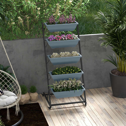 Steel rack with wheels - 5 tiers, gray finish