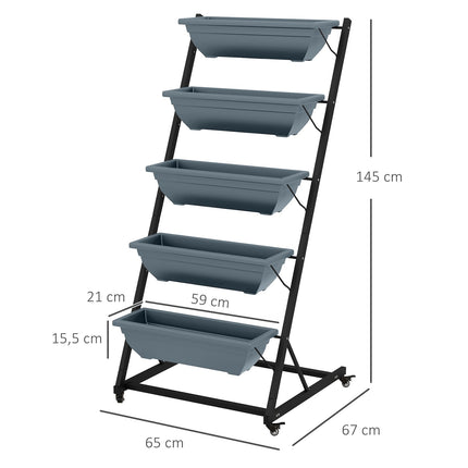 Steel rack with wheels - 5 tiers, gray finish