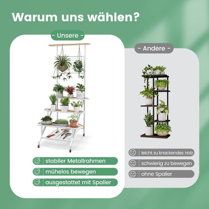 Plant stand with trellis metal flower stairs on wheels multi-purpose shelf 80 x 85 x 175 cm white