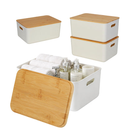 Plastic Storage Box Set with Bamboo Lid, Stackable Organisers