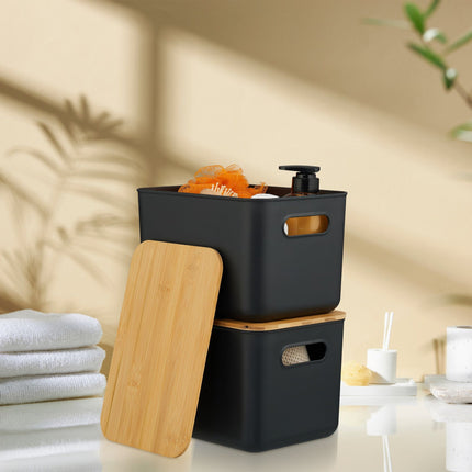 Plastic Storage Boxes with Bamboo Lids, Set of 2