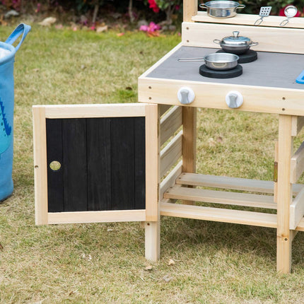 Wooden play kitchen with pots and tools in stainless steel