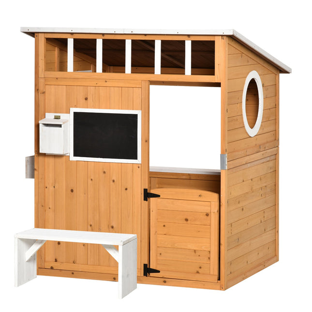 Wooden outdoor playhouse for children with window and mailbox