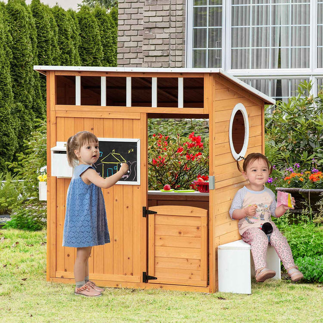 Wooden outdoor playhouse for children with window and mailbox