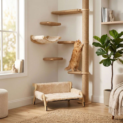Plush Cat Hammock Bed, Beige – Pine Frame, 53x45.5 cm