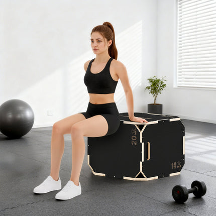 Plyometric Jump Box, Adjustable Heights, Plywood, Black