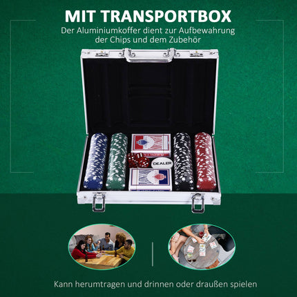 Poker set with 200 chips, cards and dice in an aluminum case