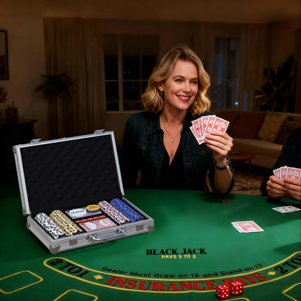 Poker Chip Set with Case, Dice, Dealer Button, 2 Decks