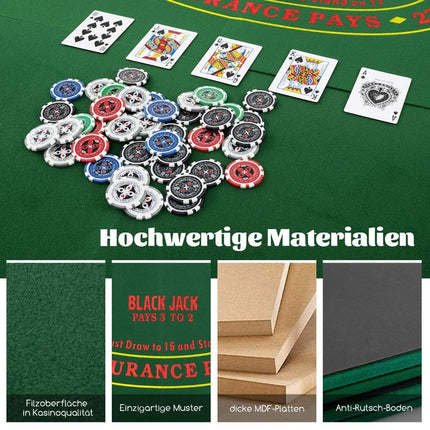 Poker mat 120 x 120 cm Texas Holdem poker table cover foldable for 8 players with drink holders green