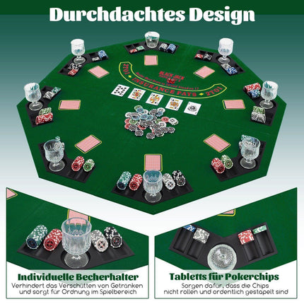 Poker mat 120 x 120 cm Texas Holdem poker table cover foldable for 8 players with drink holders green