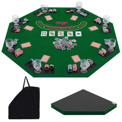 Poker mat 120 x 120 cm Texas Holdem poker table cover foldable for 8 players with drink holders green