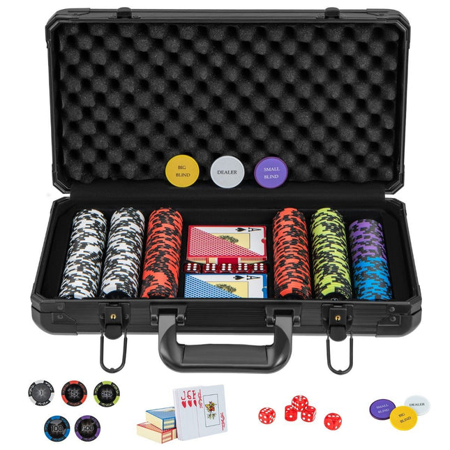Pokerset met 300 laserchips & speelkaarten & 5 dobbelstenen & 3 dealerchips & 2 sleutels pokerkoffer