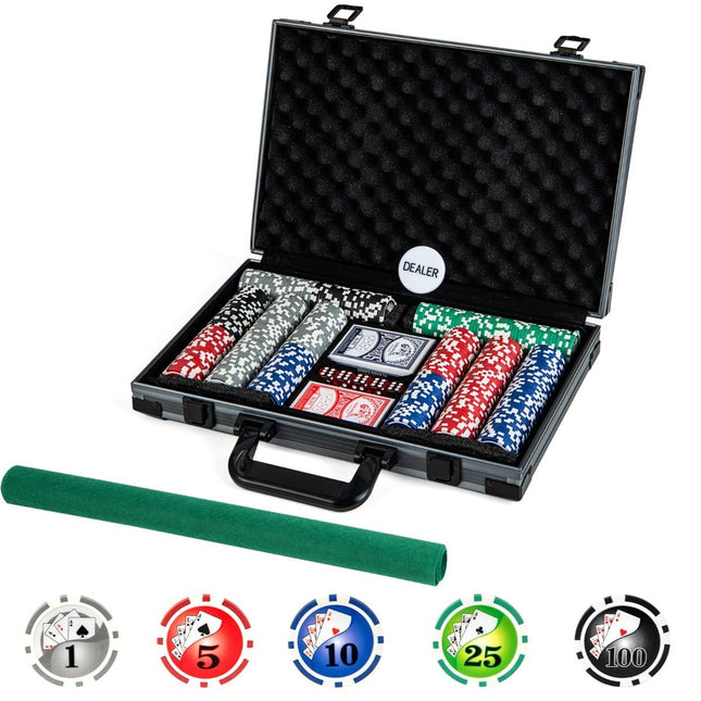 Pokerset met 400 laserchips & 2 speelkaarten & 5 dobbelstenen & dealer button aluminium pokerkoffer