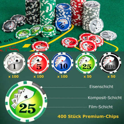 Poker set with 400 laser chips & 2 playing cards & 5 dice & dealer button aluminum poker case