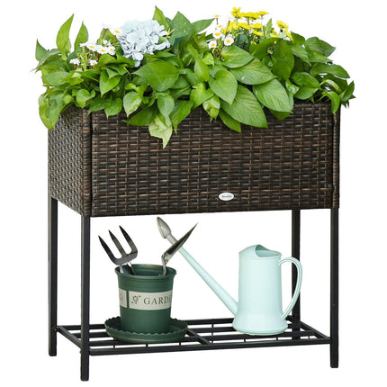Flower box in poly rattan with shelf, brown, 70x30x72 Cm