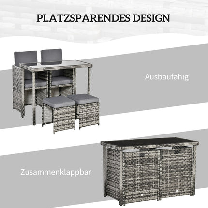 Poly rattan 4-seater garden dining set with cushions, gray