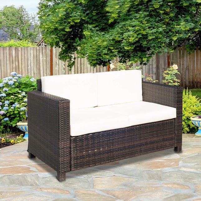 2-seater poly rattan garden sofa with cushions, brown and white