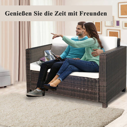 2-seater poly rattan garden sofa with cushions, brown and white