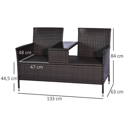 Brown polyrattan 2-seater garden bench with steel frame