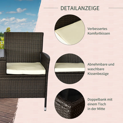 Brown polyrattan 2-seater garden bench with steel frame