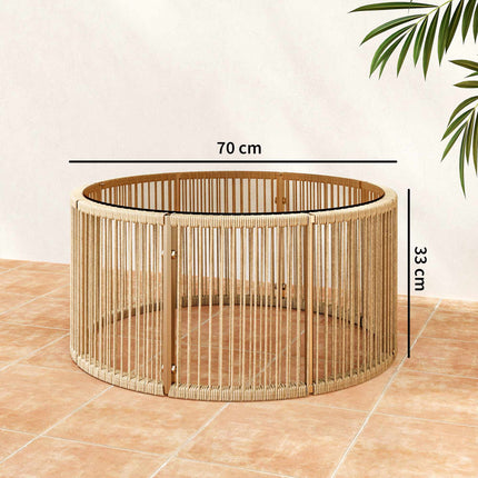 Polyrattan Coffee Table with Glass Top, 70x70x33 cm, Brown