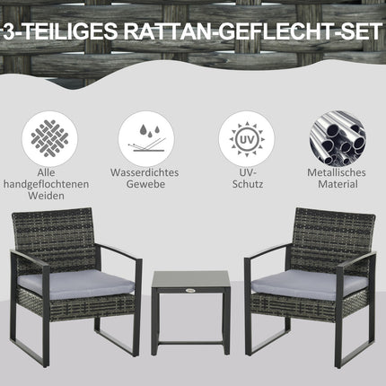 2-person balcony set in poly rattan with gray cushions