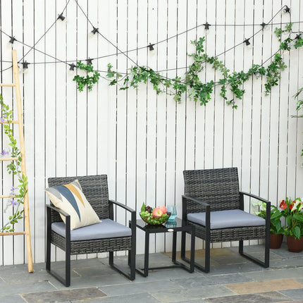 2-person balcony set in poly rattan with gray cushions