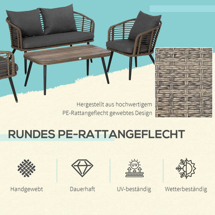 Poly rattan garden furniture with cushions for 4 - Brown/Grey