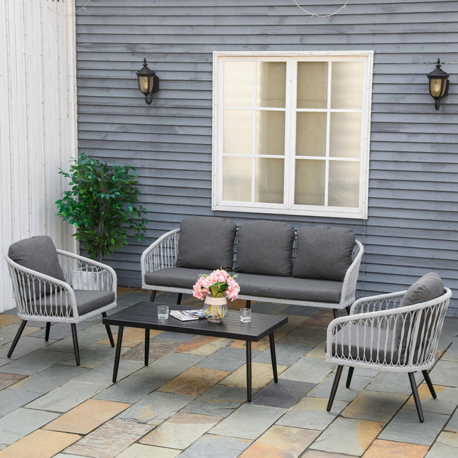 Outdoor furniture in polyrattan, 5 chairs, aluminum frame, gray cushions