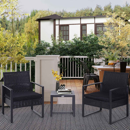 Black poly rattan balcony furniture set with cushions for 2