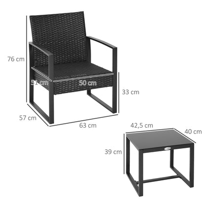 Black poly rattan balcony furniture set with cushions for 2