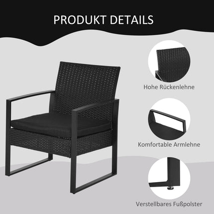 Black poly rattan balcony furniture set with cushions for 2