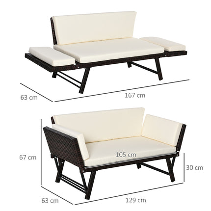2-seater poly rattan garden sofa with folding armrests