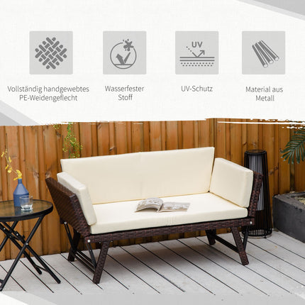 2-seater poly rattan garden sofa with folding armrests