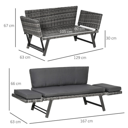 Poly rattan gray 2-seater garden sofa with folding arms