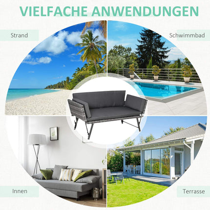 Poly rattan gray 2-seater garden sofa with folding arms