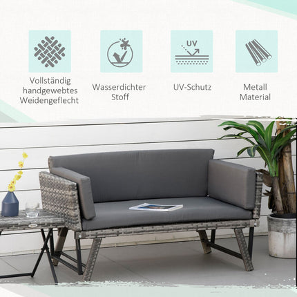 Poly rattan gray 2-seater garden sofa with folding arms