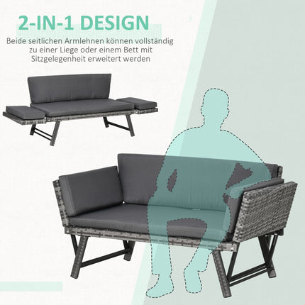 Poly rattan gray 2-seater garden sofa with folding arms