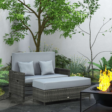 Gray polyrattan 2-seater garden sofa with cushion and stool