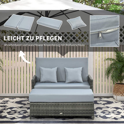 Gray polyrattan 2-seater garden sofa with cushion and stool