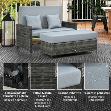Gray polyrattan 2-seater garden sofa with cushion and stool