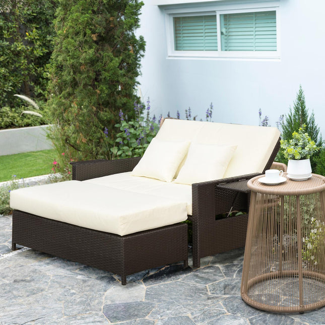Brown polyrattan 2-seater garden chair with cushions